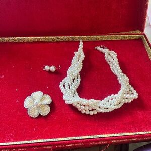 Pearl Multi-Strand Necklace with Pearl Flower Brooch and Studs